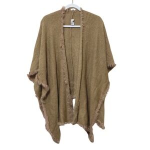 Red Fish Designs Brown‎ Acrylic Knit Faux Fur Trim Open Front Poncho One Size